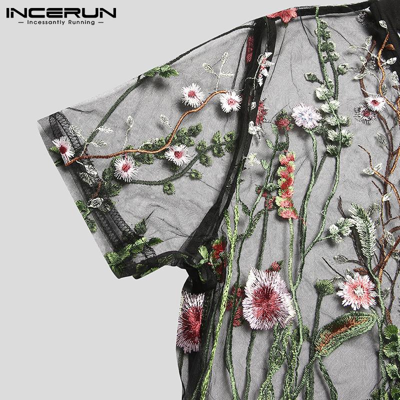 INCERUN Мужские прозрачные рубашки с короткими рукавами и вышивкой, тонкие летние топы для клубных вечеринок с перспективой