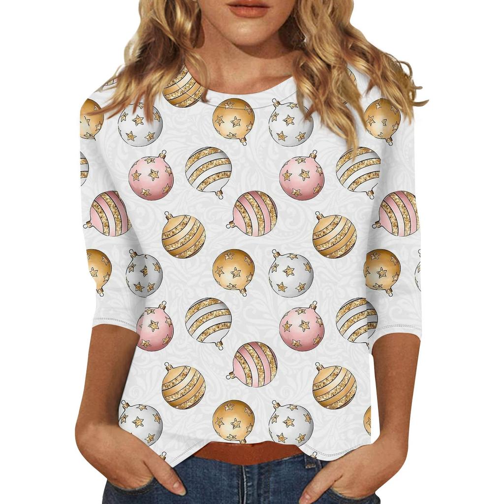 Женская мода повседневная рубашка с круглым вырезом и рождественским принтом, семь рукавов