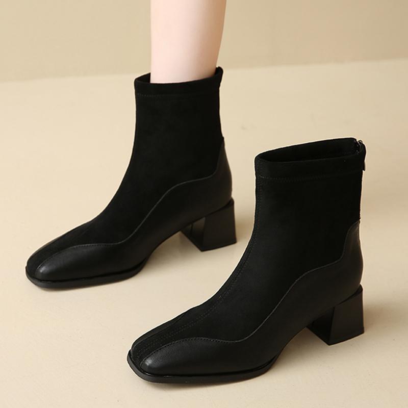 Модные женские ботильоны на толстом каблуке с квадратным носком, короткие сапоги в стиле пэчвок, женские однотонные ботильоны с застежкой-молнией сзади, тренд 2024 года