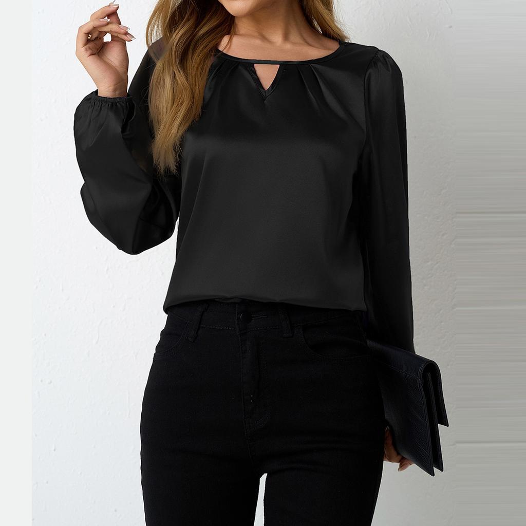 Women's Long Sleeve Shirt Loose Satin Top Embossed Lace R-neck Silk Lined Top
