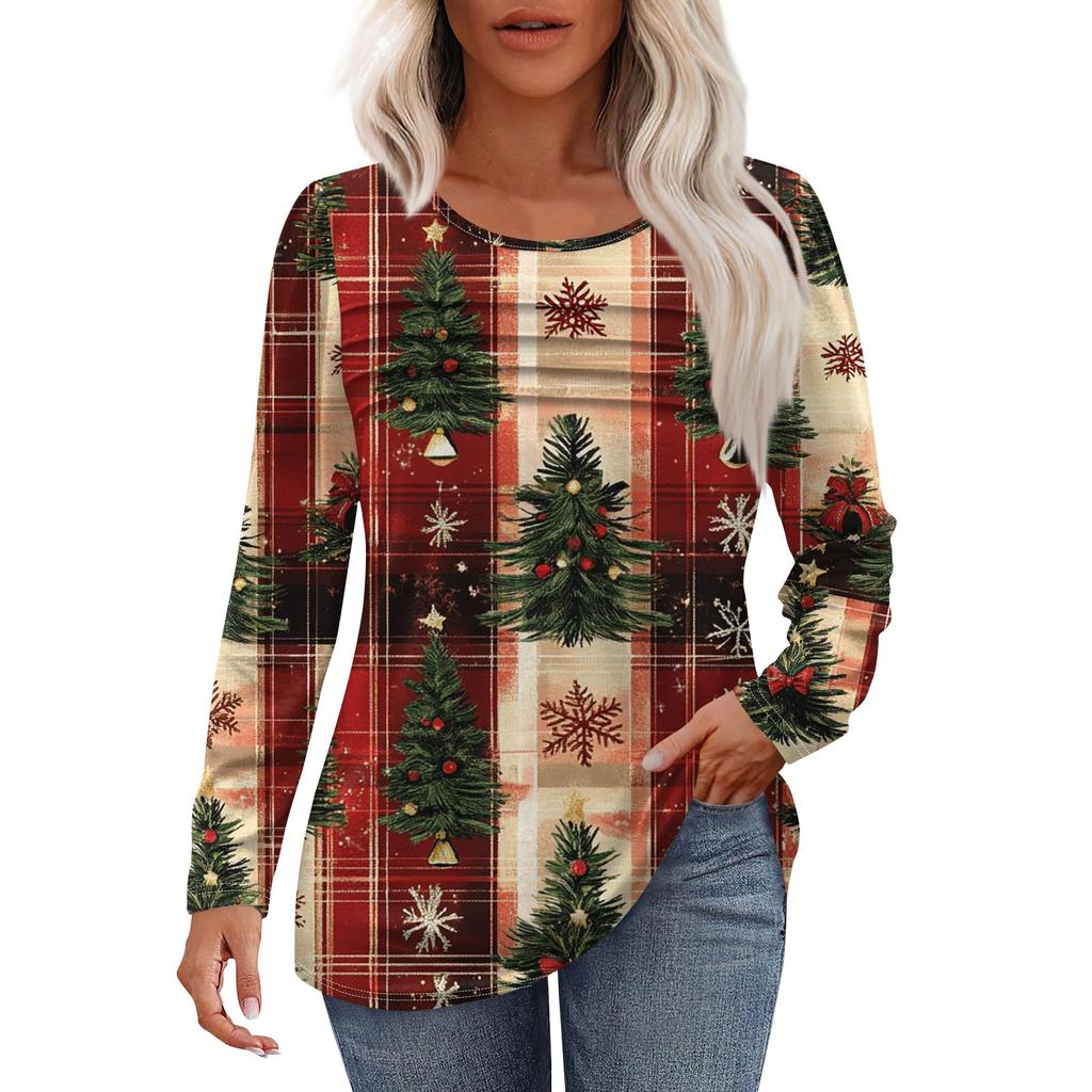 Women's Fashion Casual Christmas Printed Round Neck Pleated Long Sleeve T-Shirt Top