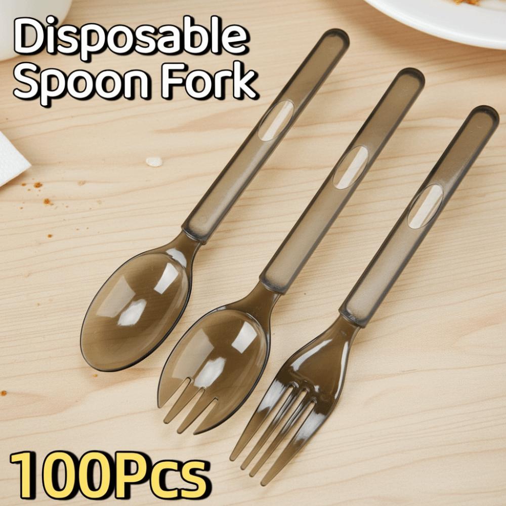100Pcs Eco-Friendly Disposable Spoon Fork Thickened Transparent Plastic Spoon  Party Supplies