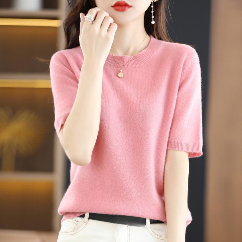 INDFS Women's Fashion Casual Summer Spring Solid Color Print Short Sleeve O-Neck Blouses & Shirts