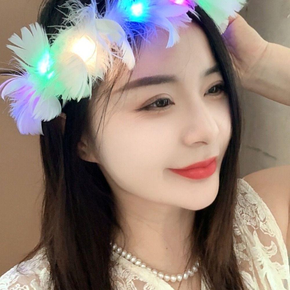 New Year LED Feather Headband Christmas Women Hairband White Feather Luminous Garland  Concerts