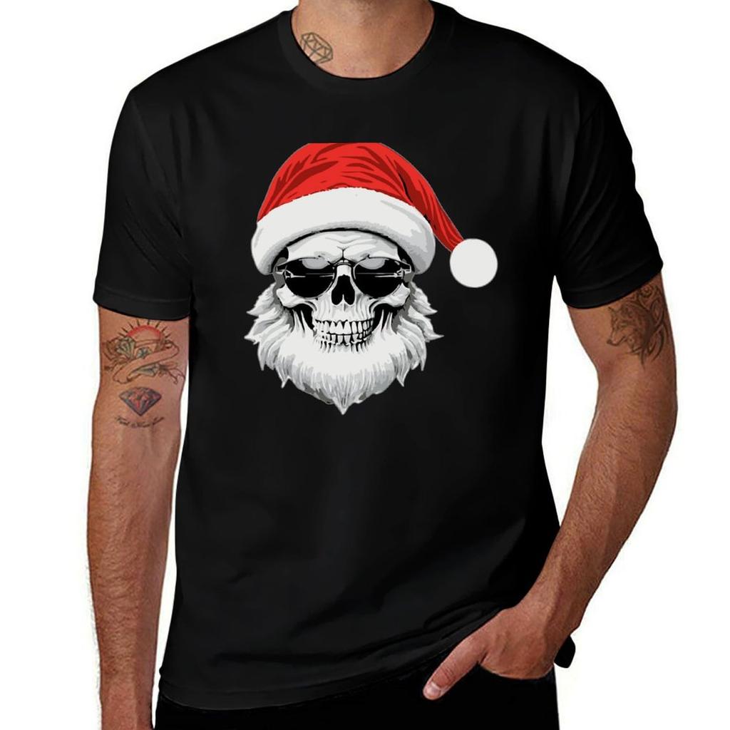 Skull Santa Clause Wearing Sunglasses TShirt Casual Loose Fit Short Sleeve TShirt