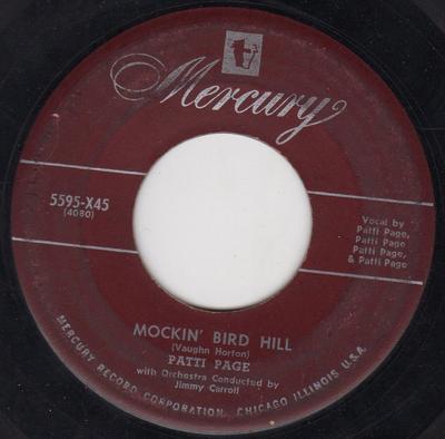 7-дюймовая пластинка ПАТТИ ПЕЙДЖ - Mockin' Bird Hill 5595X45 Mercury 1951 США Джаз Б/У