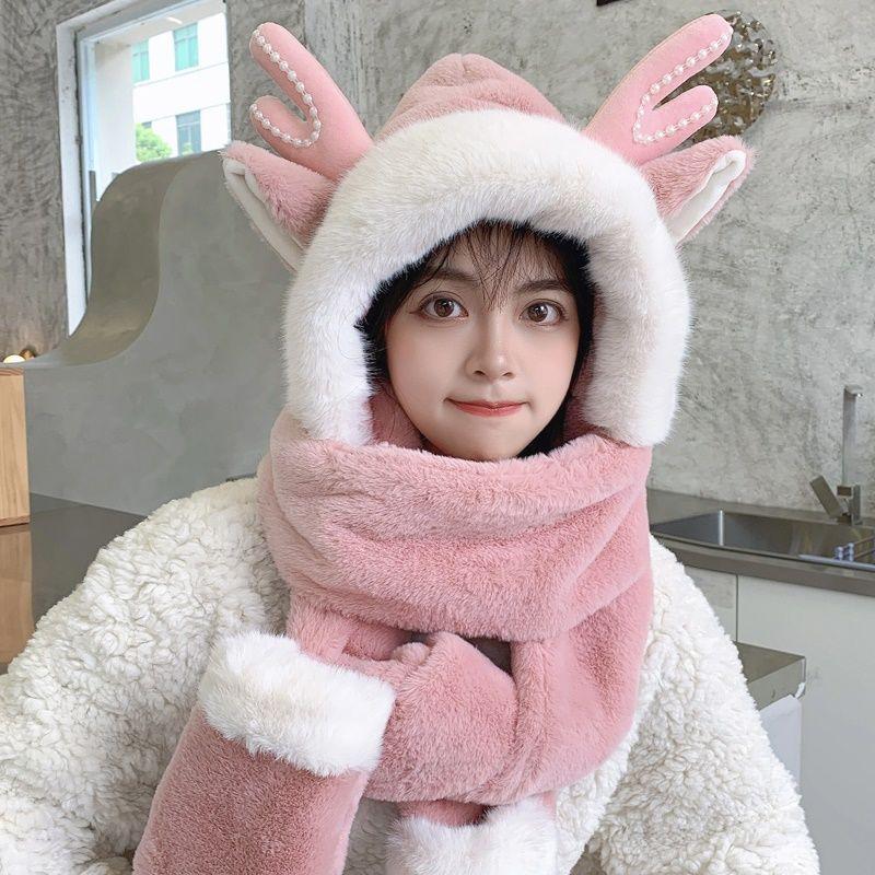 Winter Women's Warm Hat Three-piece Set Hat Scarf Gloves In One Set with Cute Cartoon Antlers, Perfect for Christmas Gift