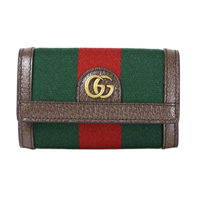 Gucci Кожаный чехол для ключей с логотипом 'Aged Gold Label', мужской, зеленый с красным