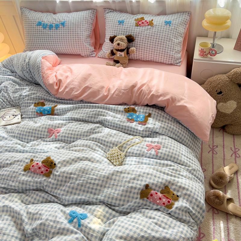 Аппликация Вышивка Инс Вышивка на полотенце Стиранный хлопок Четырехпредметный Пододеяльник Простыня Общежитие Трехпредметный Постельный комплект Простыня Пододеяльник