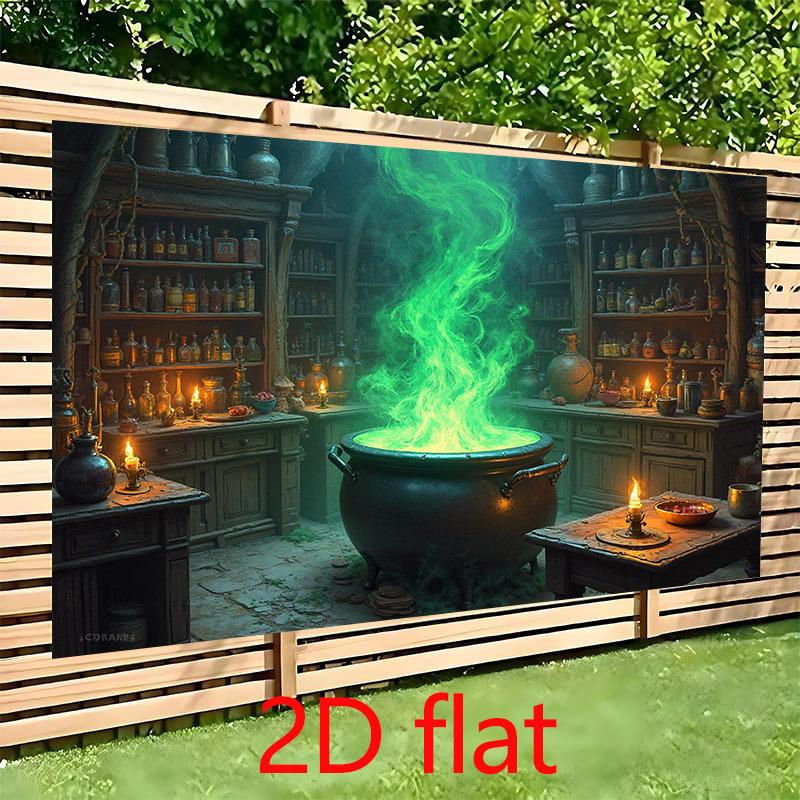 1 piece of 2D banner, Halloween-themed banner with witch cauldron and mysterious green smoke, suitable for horror decoration
