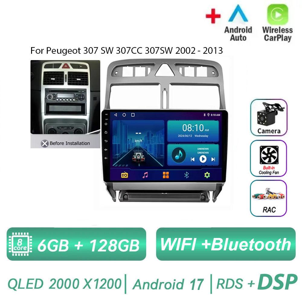 Autoradio Android 17 pour Peugeot 307 SW 307CC 307SW 2002 - 2013 Lecteur Vidéo Multimédia Navigation GPS Carplay Auto Head Unit