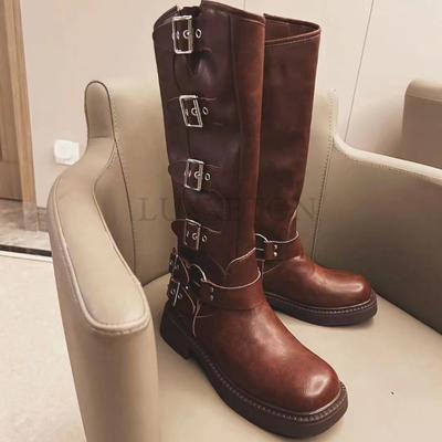 Винтажные коричневые и черные женские рыцарские сапоги на блочном каблуке с металлическим ремешком и пряжкой на платформе большого размера в стиле ретро для женщин