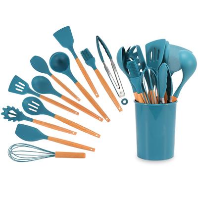 12 шт./компл., силиконовая кухонная утварь, набор кухонных принадлежностей с деревянной ручкой, лопатка с антипригарным покрытием, лопатка, зажим для ложки, кухонные инструменты