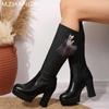 Модные высокие каблуки женские меховые высокие сапоги из кожи с кристаллами массивные туфли элегантные тенденции 2025 года новые ботинки челси туфли-лодочки зимняя мода женские ботинки