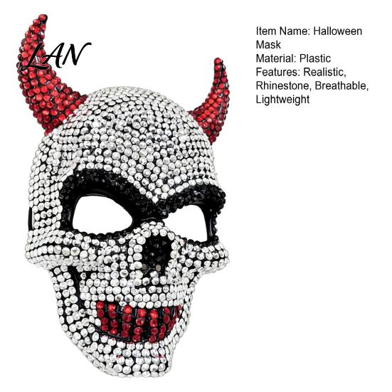 Unique Halloween Event Mask Rhinestone Mask, Sparkly Faux Crystal Demon Horn Masquerade Breathable Face Lightweight Full Cosplay Prop for Party