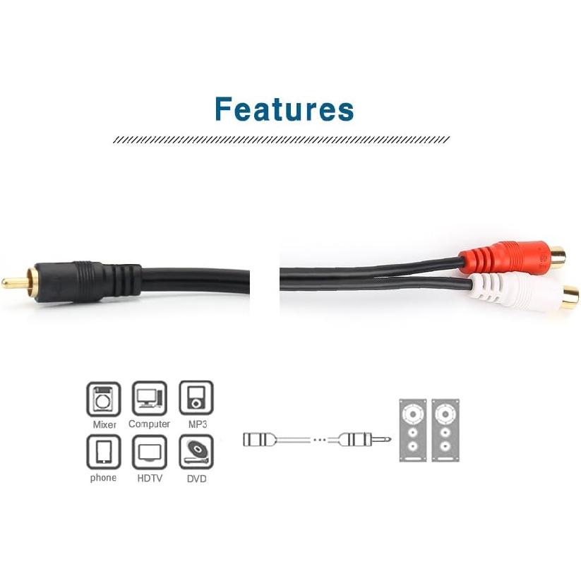 JSJ RCA (M) to 2 RCA (F) Stereo Audio Y Adapter Subwoofer Cable (24k Gold Plated) 1 Male to 2 Female Y Splitter Connectors Extension Cord