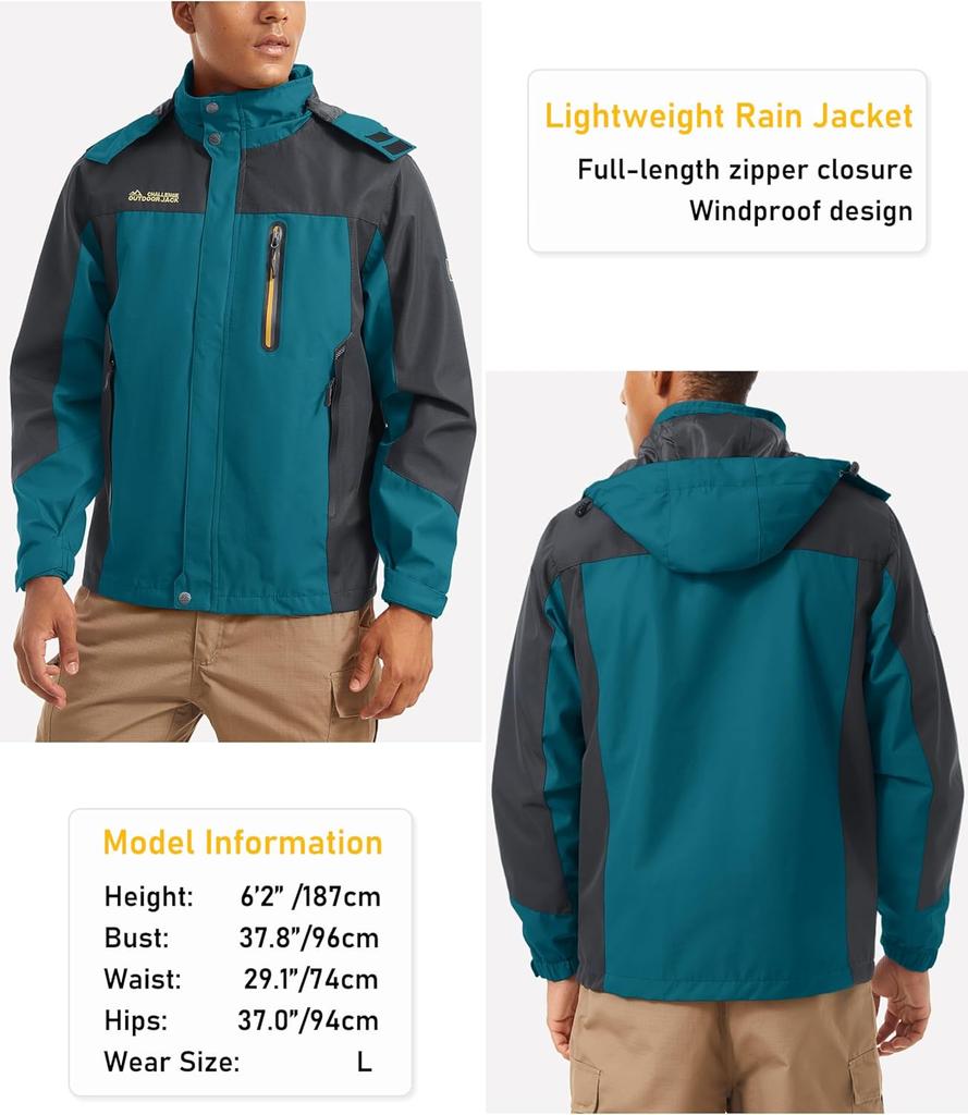 Demi-season Long Jacket Men's Hooded Windproof Water Resistant Rain Jacket Windbreaker 5 Pockets for Hiking,Fishing,Travel