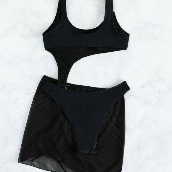 Слитный купальник с юбкой для женщин - Европейский и американский стиль, Нагрудные вкладыши, Однотонный, Стройнящий и консервативный дизайн