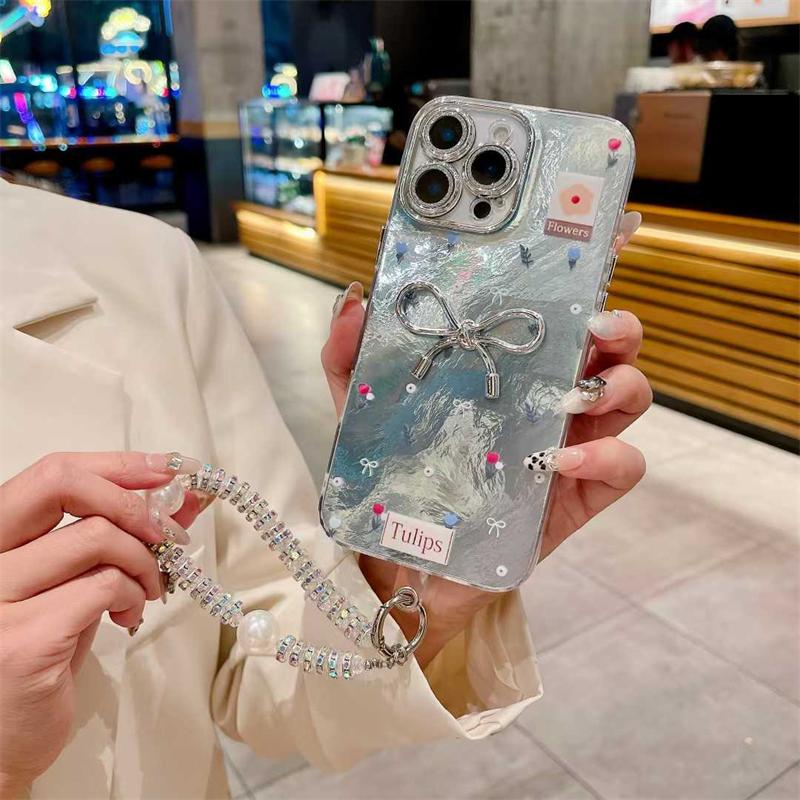 Korea Flower Bracelet 3D Silver Bowknot Case For Iphone 16 15 14 13 12 11 Pro XS Max Plus Girl Clear Cover Epoxy Shell