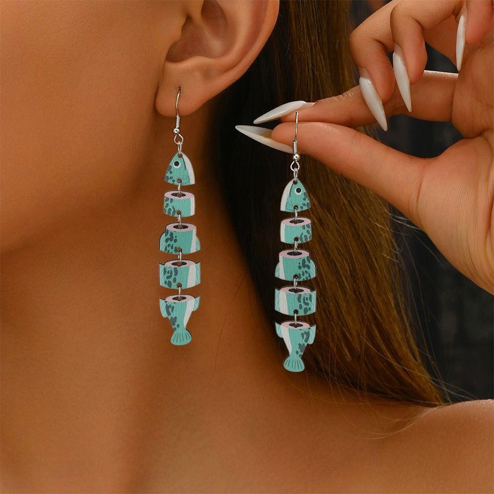 5Pairs Hook Piercing Salmon Fish Earrings Multi Segment Beach Drop Earrings Girls