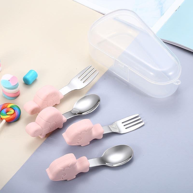 1 комплект детской посуды, детская утварь, столовые приборы из нержавеющей стали для малышей, ложка и вилка для кормления младенцев с героями мультфильмов