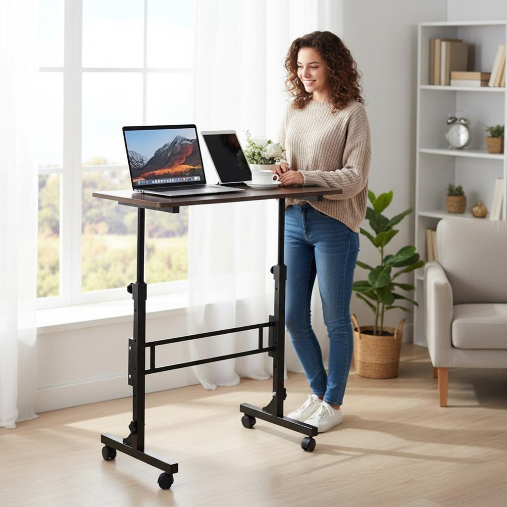 Standing Laptop Desk 70-110cm Height Adjustable Mobile Stand Up Desk with 4 Fexible Wheels Rolling Study Table for Home & Office
