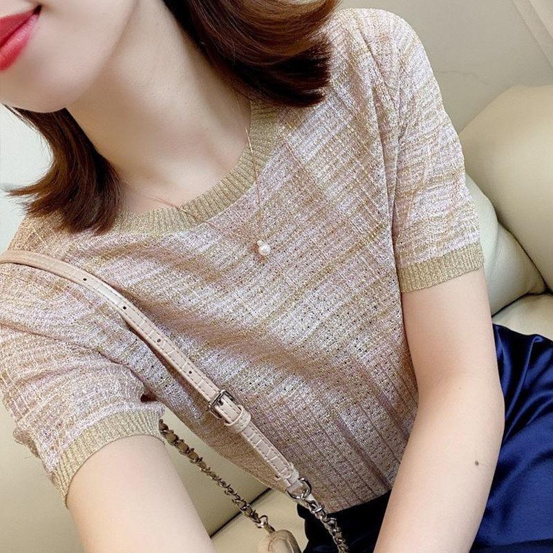 Полосатая футболка из ледяного шелка с коротким рукавом и круглым вырезом, летняя универсальная футболка с коротким рукавом, модный топ