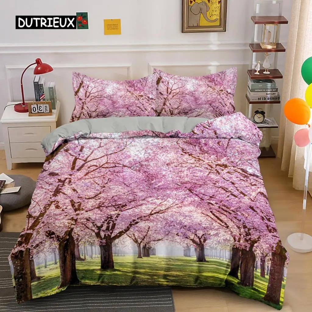 Plum Blossom Duvet Cover Collection King Pink Flower Quilt Cover For Girls Microfiber Branches Printed Bedding Collection