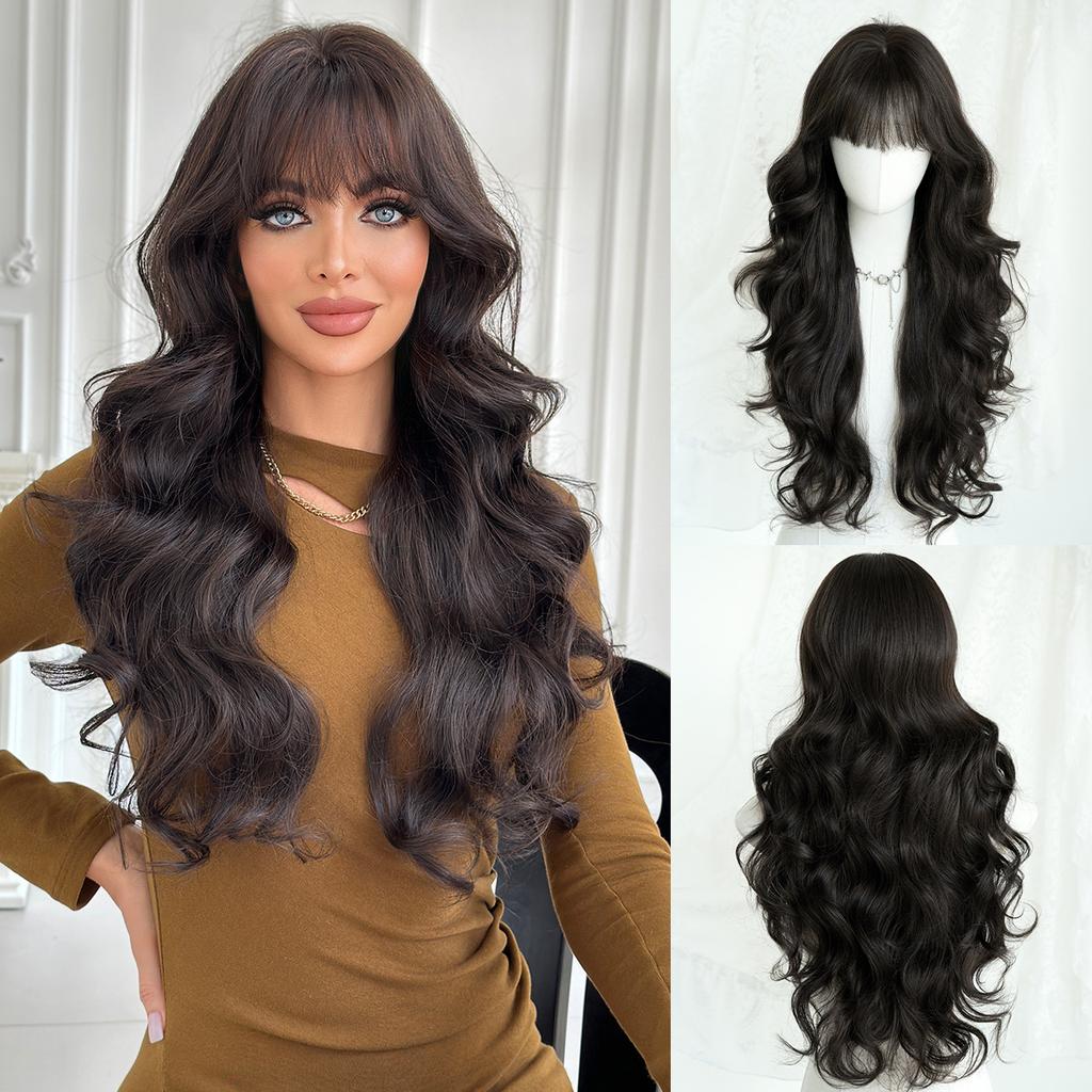 Extra Long Brown Big Waves Wig for Women - Rose Net Full Cap Voluminous Natural, Daily Quick Beauty, High Quality Hair Volume
