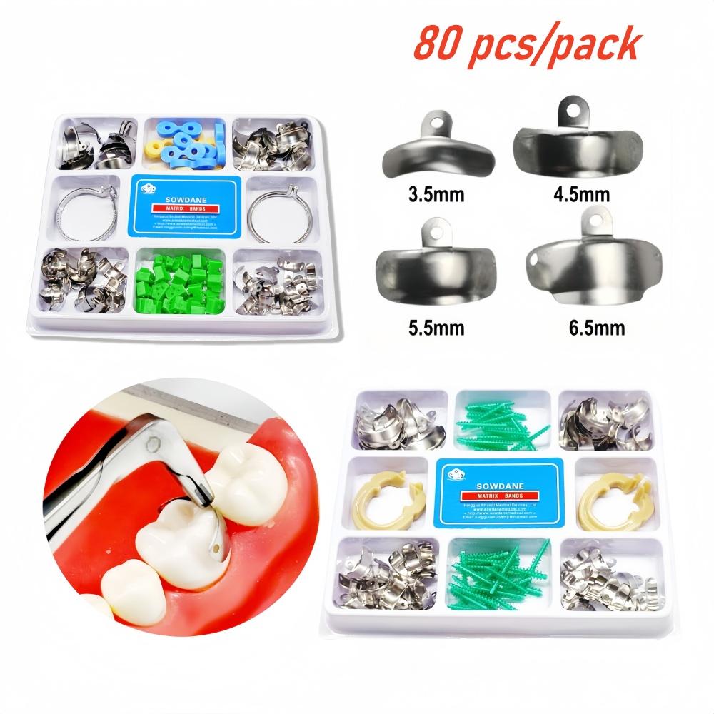 80pcs New Dental Sectional Contoured Metal Matrices Matrix Set Matrix Bands  Rubber Wedges  with Add-on Wedges Dentist Materials