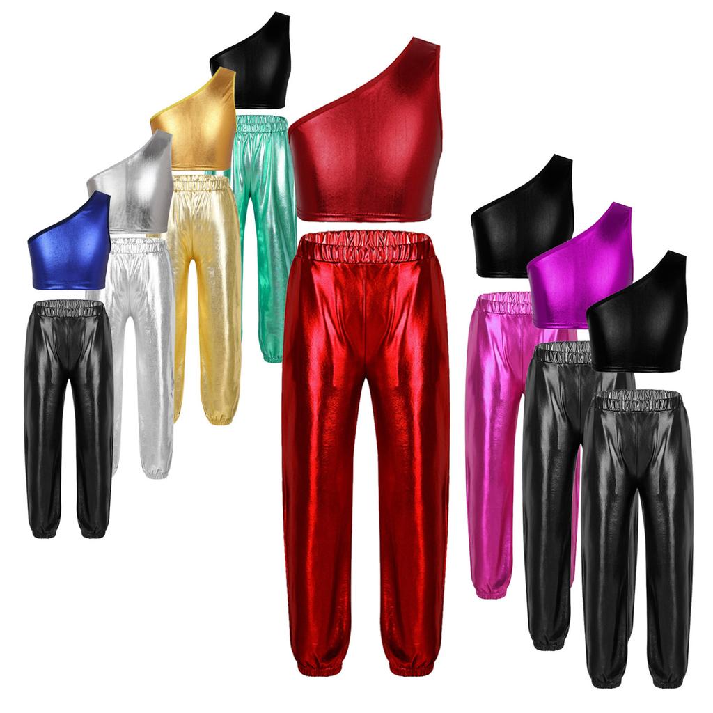 Детский костюм для джазовых танцев в стиле хип-хоп для девочек, блестящий укороченный топ без рукавов с эффектом металлик и спортивные штаны