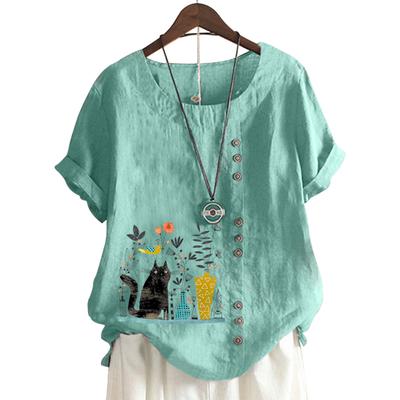 Универсальная женская хлопковая футболка с уникальным принтом и пуговицами