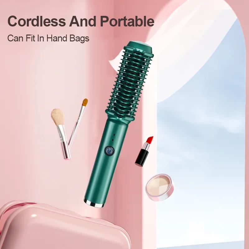 2 In 1Cordless Hair Straightener Brush Curler for Women Negative Ionic Anti Scalding Comb Teeth Fast Heating USB Rechargeable