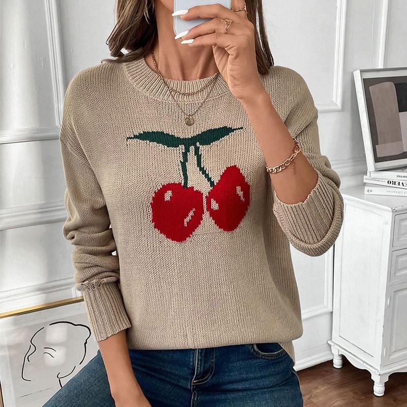 Womens Sweet Knit Sweater With Cherry Jacquard Loose Fit Round Neck Long Sleeve Pullover In Khaki