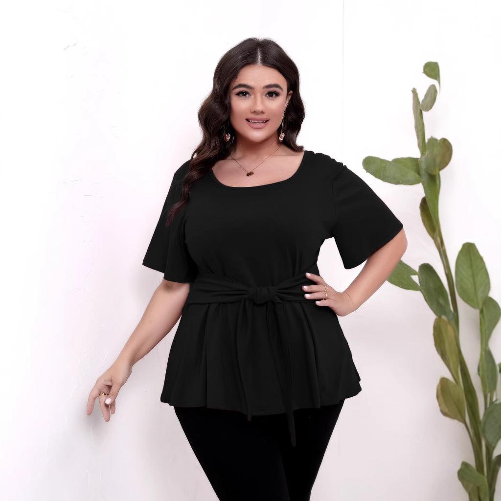 HNXC Женская простая футболка с короткими рукавами, с круглым вырезом, с поясом, облегающая, большого размера