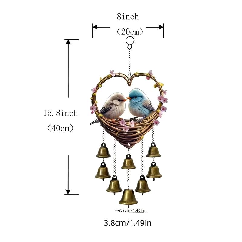 Heart Shaped Wind Chime Bird Design Metal Bells Decorative Hanging Ornament for Garden Patio Outdoor Balcony Yard