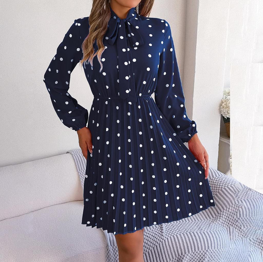 Женское осенне-зимнее темпераментное плиссированное платье в горошек с высокой талией и длинными рукавами