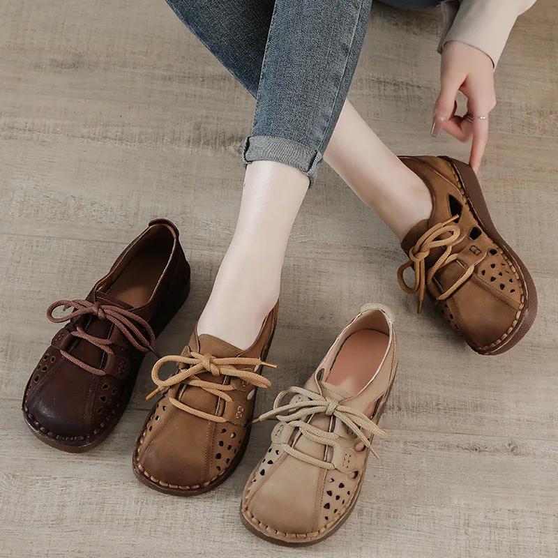 Fashion Cow Genuine Leather Soft Soled Hollow Sandals for Women Retro Casual Women Shoes Comfy Retro Wide Toe Thick Soled Women's Shoes