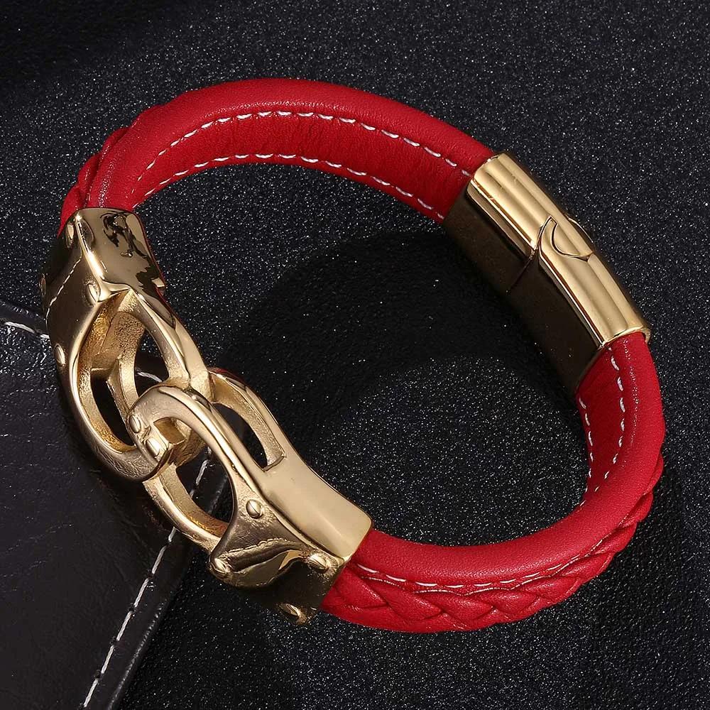 Панк-красный плетеный кожаный браслет из нержавеющей стали наручники браслеты пряжка браслет ювелирные изделия подарки