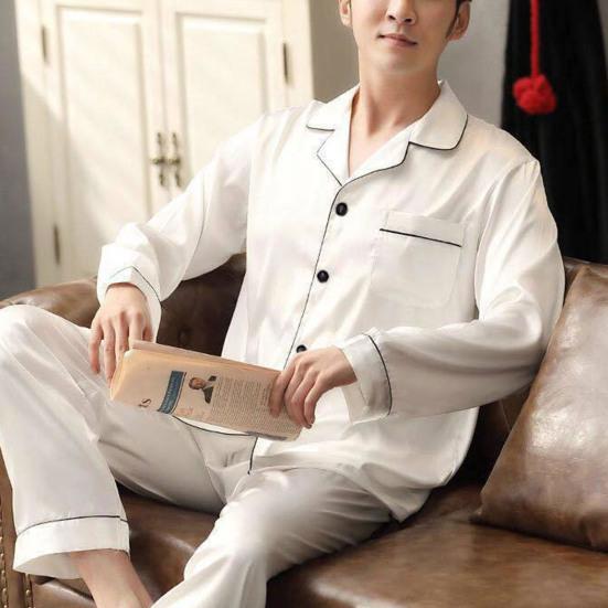 1 комплект, мужская одежда для сна, однотонная однобортная домашняя одежда с длинными рукавами, свободный пижамный комплект больших размеров из ледяного шелка для дома