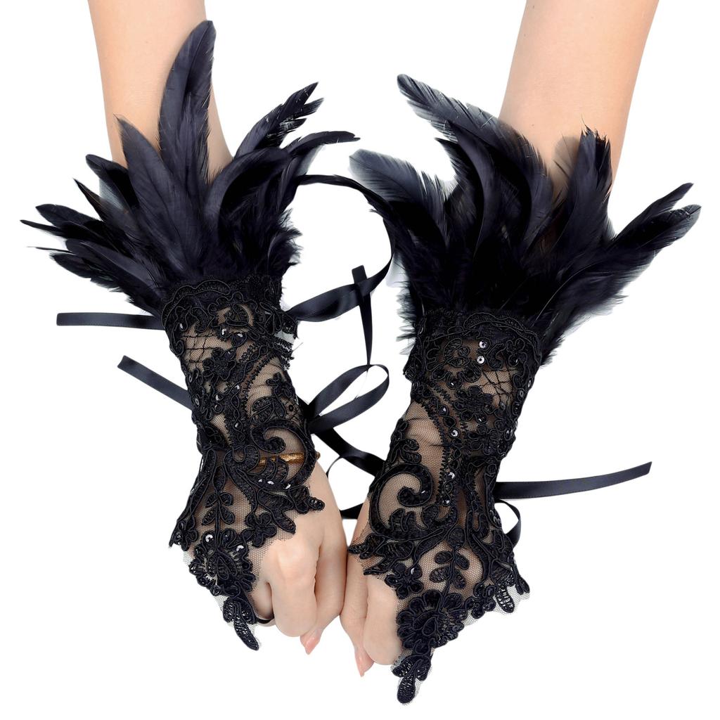 1 Pair of Halloween Feather Fingerless Gloves-black Lace Arm Cuffs for Parties and Dance Events