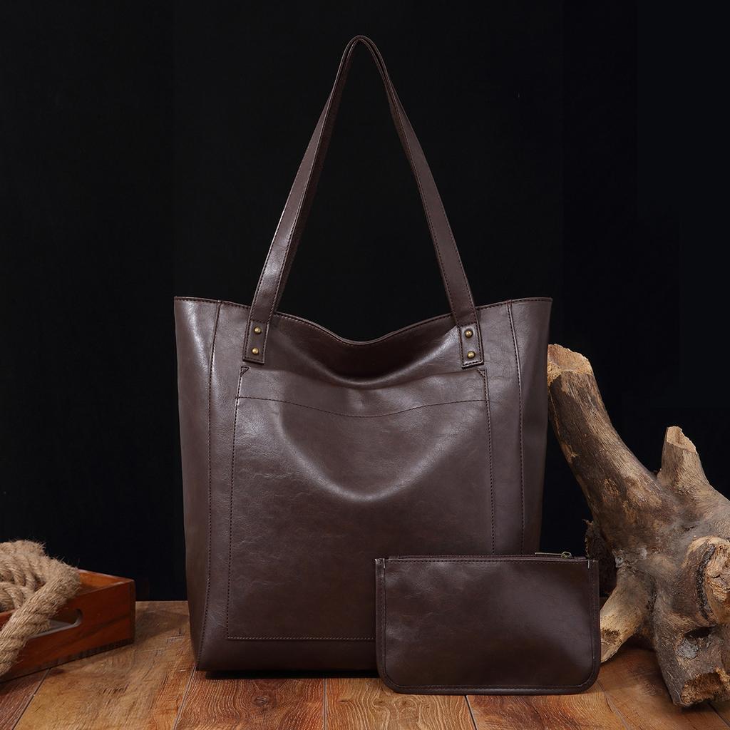 С карманом женская мягкая кожаная переносная сумка через плечо в стиле ретро с масляным воском из кожи большой емкости для