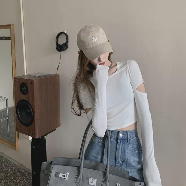 Новая весна и осень облегающая сексуальная эластичная короткая футболка для женщин