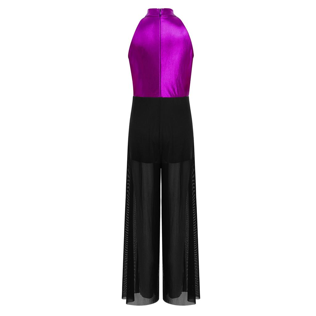 Блестящий металлический и сетчатый танцевальный комбинезон для девочек: Топ без рукавов с воротником-стойкой и оборками на лифе и струящиеся широкие брюки для сцены