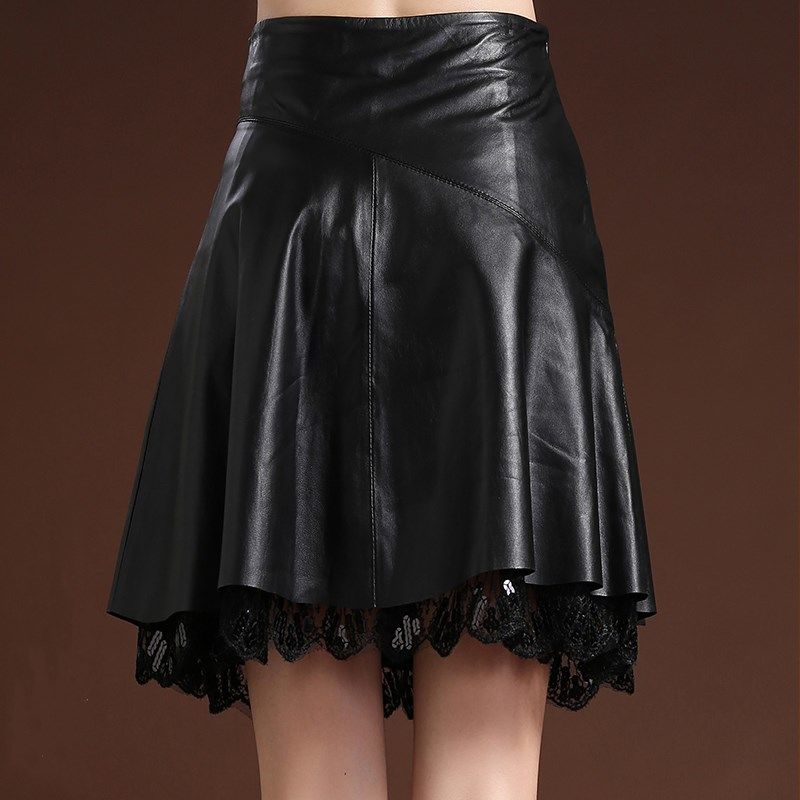 Women's Artificial Leather Skirt High Waist Sexy Lace Stitching A-line Skirt Autumn Winter Sexy Black Pleated Skirt