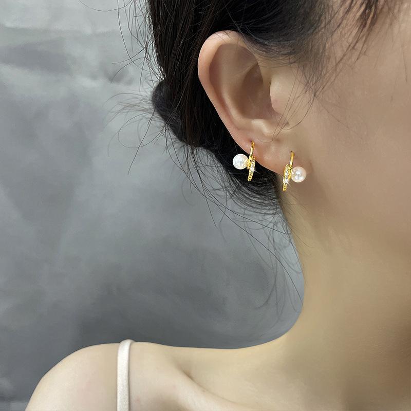 Designer Geometric Double Circle Zircon Stud Earrings Small Fragrant Celebrity Elegant Atmospheric Pearl Earrings