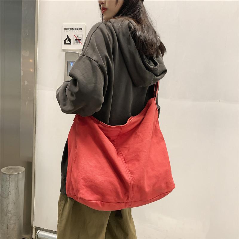 Japanese and Korean minimalist lazy style artistic washed canvas bag, large capacity crossbody bag, student shoulder bag, casual shopping bag