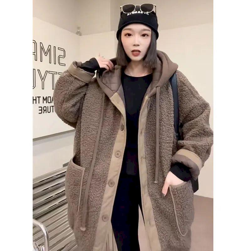 Lamb Cashmere Coat Female Autumn Winter Fashion Patchwork Fake Two Hoodie Hoodie Loose Matching Woolen Coat Solid Color