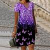 Летнее модное платье с v-образным вырезом, женское платье с коротким рукавом, черно-фиолетовое платье с принтом, свободное повседневное платье для женщин