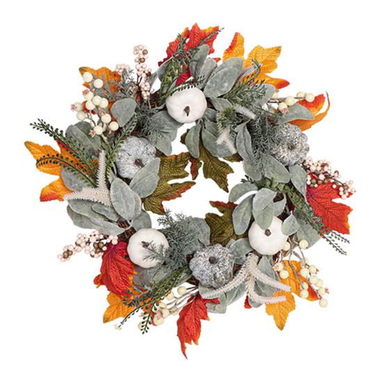 Autumn Wreath Faux White Pumpkin Maple Leaf Pine Cone Berry Wreath Handmade Farmhouse Wreath Fall Decoration for Home Thanksgiving Harvest Outdoor